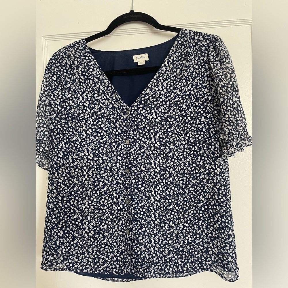 J.Crew navy blue and white floral short sleeve blouse